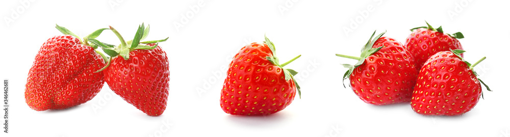 Set with delicious sweet strawberries on white background. Banner design Set with delicious sweet strawberries on white background. Banner design
