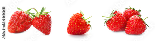 Set with delicious sweet strawberries on white background. Banner design