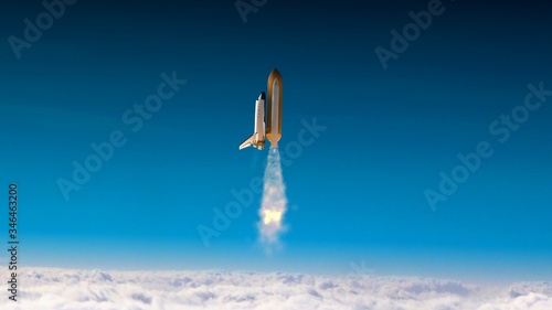 Fototapeta Naklejka Na Ścianę i Meble -  Space shuttle atlantis 3D render animation flying over clouds.