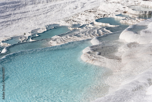 Blue steamy water of the spring in limestone pools in Pamukkale, Turkey