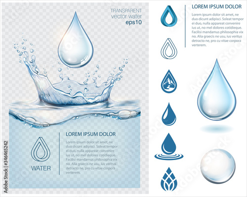 Blue transparent water splashes and drops and collection of icons for your logo. Realistic isolated vector illustration 