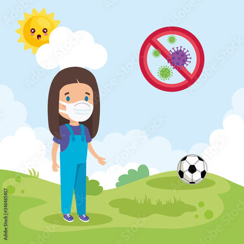 cute girl using face mask playing in landscape vector illustration design