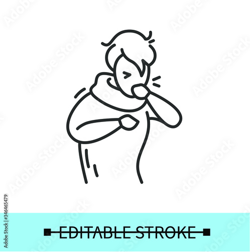 Cough line icon.Character having a bad cough.Common cold.Flu infection and influenza symptoms.Health problem. Allergy.Isolated linear vector character illustration.Editable stroke

