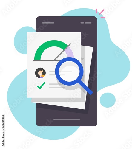 Credit score rating report financial check research online on smartphone or mobile phone with personal info skills history and good data assessment vector flat, finance loan rank analysis inspection