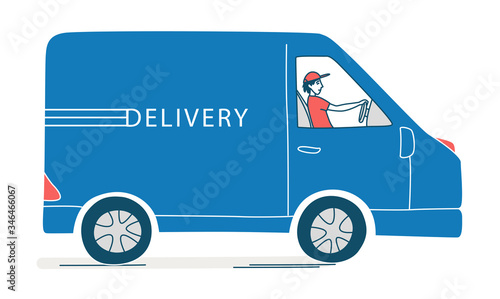 Courier delivering. Order from an online store, deliveryman driving van.
