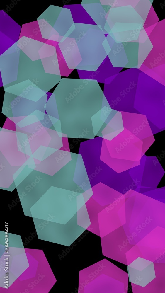 Multicolored translucent hexagons on dark background. Vertical image orientation. 3D illustration Multicolored translucent hexagons on dark background. Vertical image orientation. 3D illustration