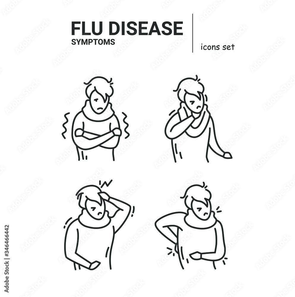 Set with the symptoms of the common cold, virus,flu line icons.Fever.Headache.Muscle or back aches.Sore throat. Coronavirus symptoms.Health problem.Isolated linear vector character illustration. Set with the symptoms of the common cold, virus,flu line icons.Fever.Headache.Muscle or back aches.Sore throat. Coronavirus symptoms.Health problem.Isolated linear vector character illustration.