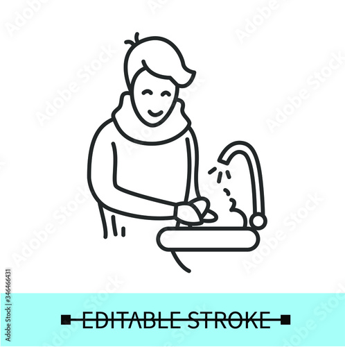 Hand washing character line icon.Virus prevention concept.Person washing hands with soap and water.Isolated linear vector character illustration.Editable stroke  © Antstudio