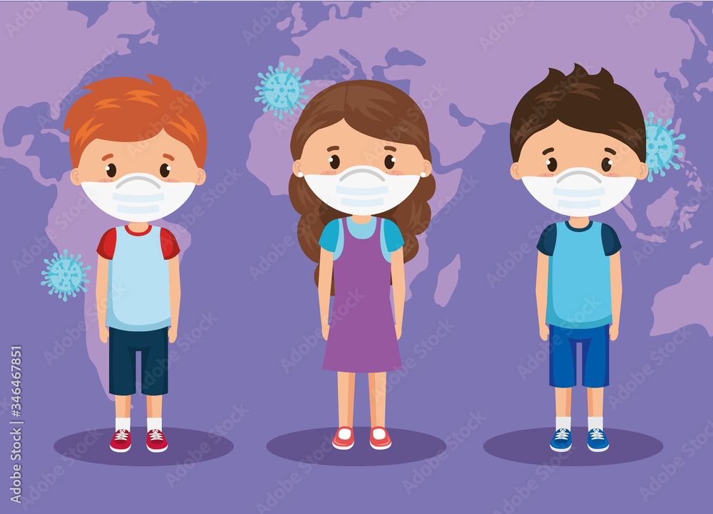 Fototapeta premium cute group children using face mask vector illustration design