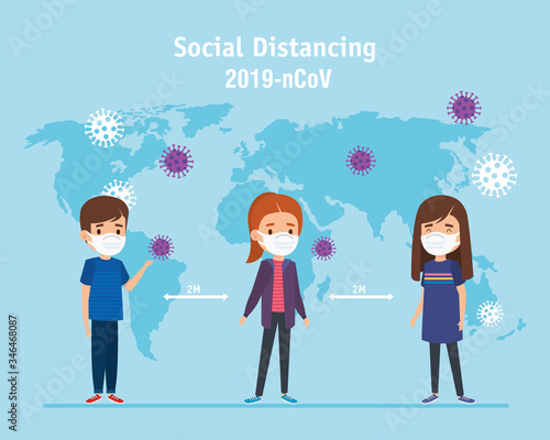 campaign of social distancing for 2019 ncov with children using face mask vector illustration design