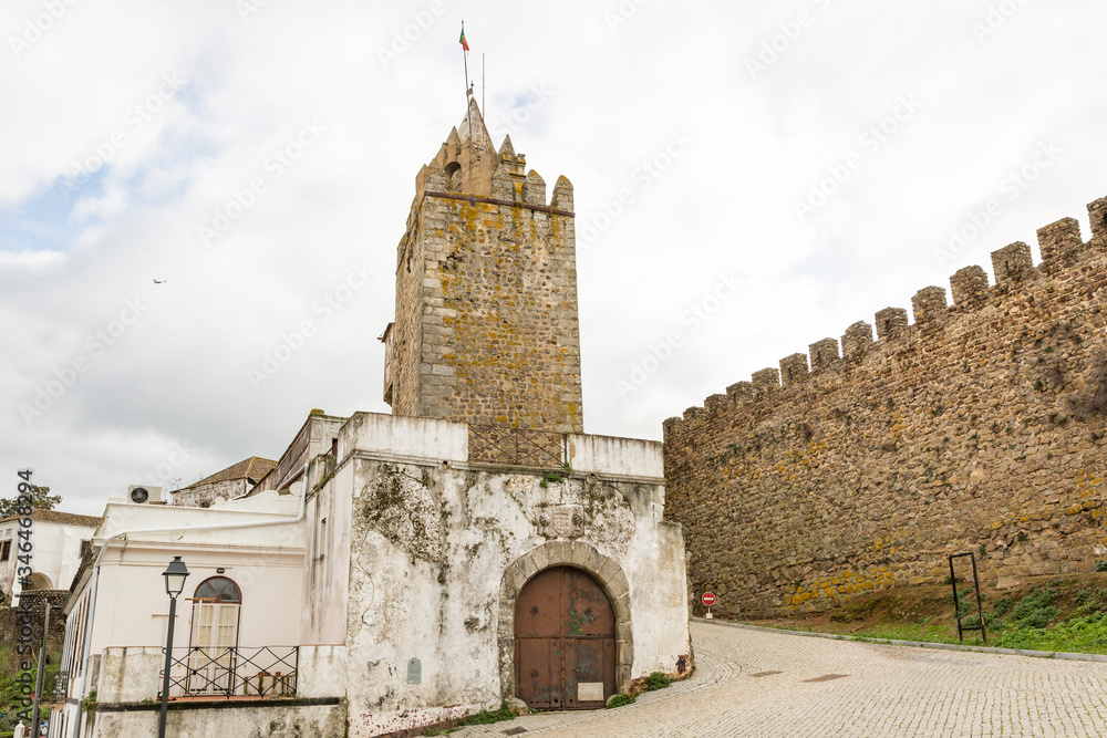 Guard house and the clock tower - castle of Montemor-O-Novo, District of Evora, Alentejo, Portugal