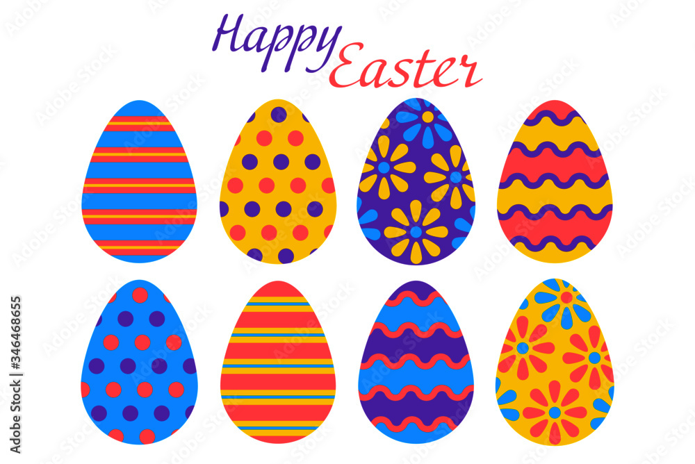 Easter eggs for easter day sweet and colorful with decoration patterns on white background. Set of colourful decorated  Easter Eggs for use in Easter designs. Vector illustration.