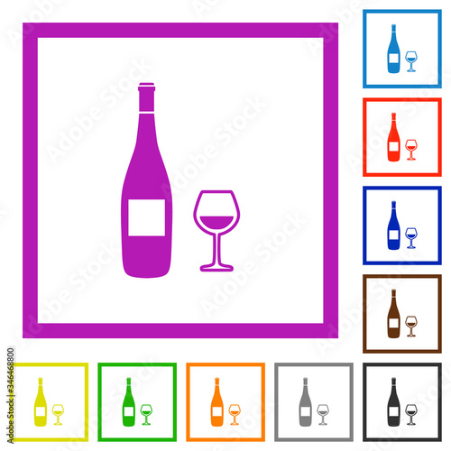 Wine bottle and glass flat framed icons