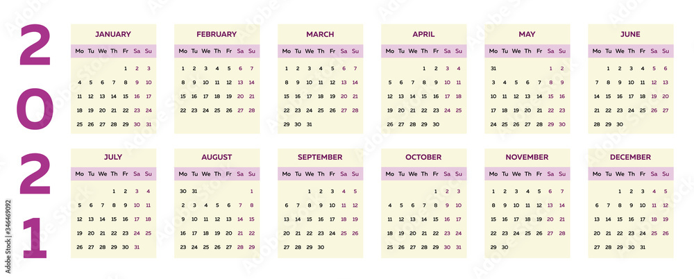 The 2021 calendar template with classical vertical columns The 2021 calendar template with classical vertical columns