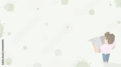 A man reads a newspaper about viruses, standing with his back to the viewer.