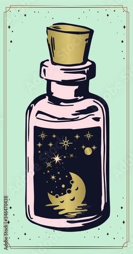 witch's magic potions, moon and stars in a jar, mystical drawing: human hands hold the moon. Sacred geometry. ector illustration Print, poker, t-shirt, postcard.