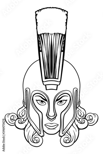 A tough woman warrior in ancient style helmet. Possibly an ancient Greek Spartan or Trojan or Goddess such as Athena. Could also be Britannia or a gladiator