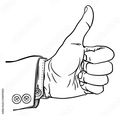 A hand giving a thumbs up or like gesture in a business suit with thumb extended and fingers in a fist