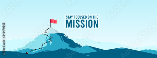 Flag on the mountain peak. Business concept of goal achievement or success. Flat style vector illustration
