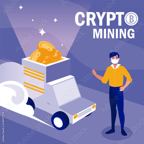 Man with mask truck and bitcoins vector design
