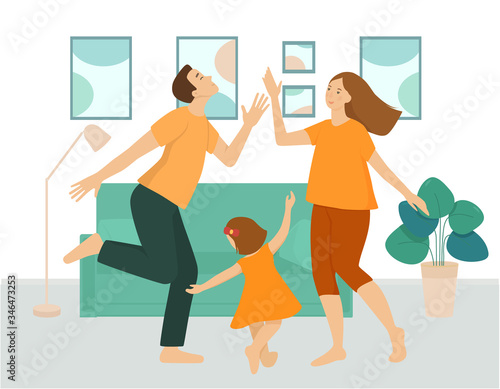 The family is having fun and dancing in the living room. Parents and daughter celebrate together at home. Interior of the room in green tones, furniture, sofa, flowers, paintings. Flat vector.