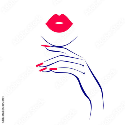 Beautiful sexy red lips, lipstick kiss, hand with red manicure nails, element design, nails studio. Beauty Logo. Vector illustration, flat style. Isolated on white.