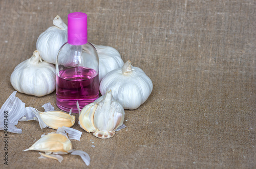 Creative composition perfume and garlic lie on a natural homespun napkin, the concept of combining incompatible things and objects, an oxymoron, power clashing, copy space for text photo