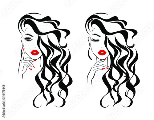 Beautiful sexy face, red lips, hand with red manicure nails, fashion woman, element design, nails studio, curly hairstyle, hair salon sign, icon. Beauty Logo. Vector illustration. Hand drawing style.