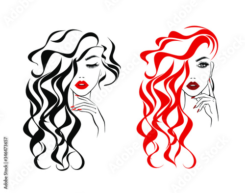 Beautiful sexy face, red lips, hand with red manicure nails, fashion woman, element design, nails studio, curly hairstyle, hair salon sign, icon. Beauty Logo. Vector illustration. Hand drawing style.