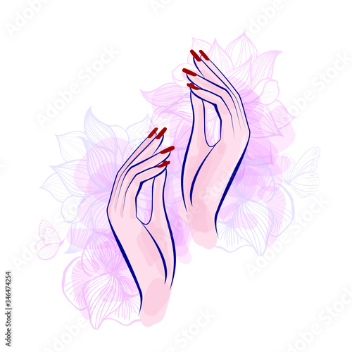 Hand with red manicure nails. Beauty Logo, nails art. Vector illustration, diadem flowers, butterflies, abstract flowers, spa salon, sign, symbol, nails studio. Watercolor background.