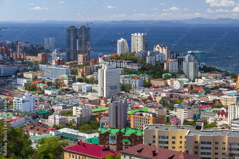 Vladivostok, Russia - September,18,2019: .A view of the central part of Vladivostok from the highest point in the city center is the Eagle's Nest hill.
