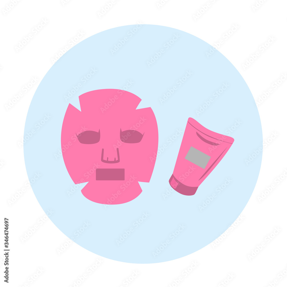 vector fabric face mask and tube of cream icon in blue circle. beauty treatments at home vector fabric face mask and tube of cream icon in blue circle. beauty treatments at home
