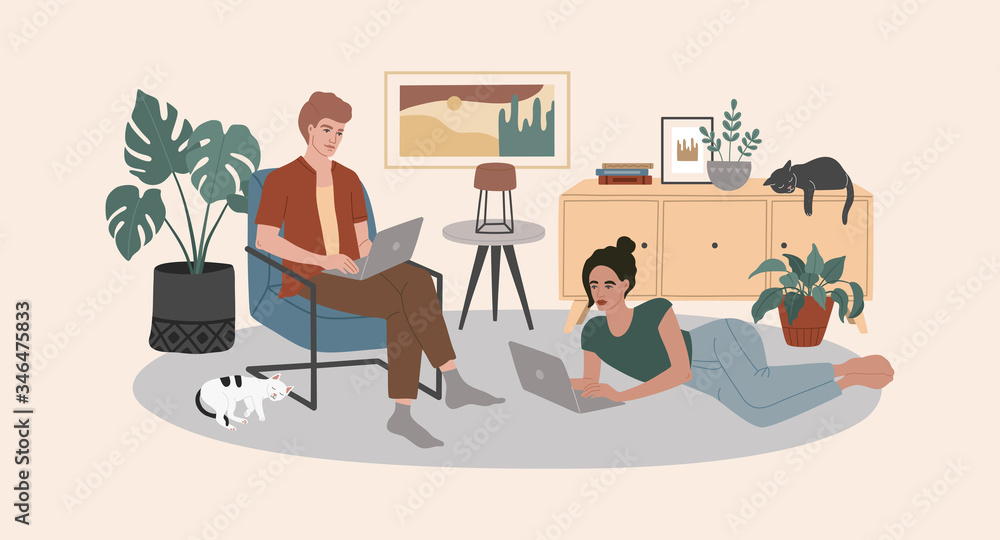 A young family, women and man work remotely during quarantine at home. Stay safe, Covid-19, coronavirus. Comfortable apartments, freelance online job, a cozy interior. Vector illustration, flat style A young family, women and man work remotely during quarantine at home. Stay safe, Covid-19, coronavirus. Comfortable apartments, freelance online job, a cozy interior. Vector illustration, flat style