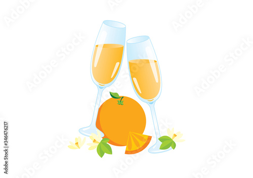 Glasses of champagne with orange icon vector. Mimosa celebratory toast vector. Mixed drink with orange juice icon. Mimosa drink icon isolated on a white background