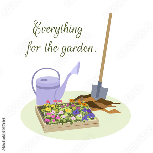 Watering can, a box with seedlings of flowers, a shovel in the ground. Caption: Everything for the garden. Vector illustration.