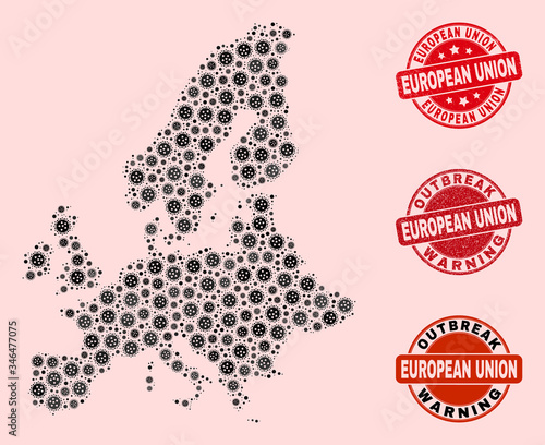 Outbreak collage of virus mosaic European Union map and unclean seal stamps. Vector red seals with unclean rubber texture and Outbreak Warning caption.