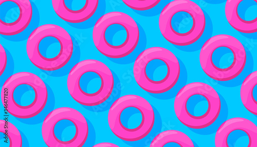 Pink circle for swimming pattern on blue background in a minimal style. Summer concept