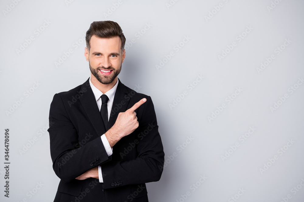 Portrait of smart confident man entrepreneur company owner point index finger suggest select promo adverts advertise ads wear formalwear outfit isolated over grey color background Portrait of smart confident man entrepreneur company owner point index finger suggest select promo adverts advertise ads wear formalwear outfit isolated over grey color background