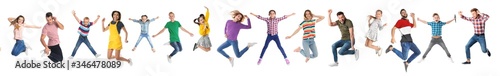 Collage of emotional people jumping on white background. Banner design