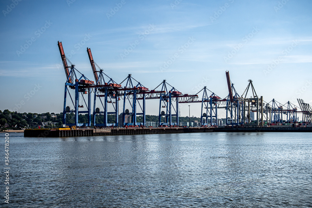 Container cranes in Hamburgs harbour on summer day