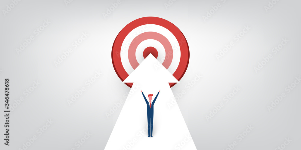 New Possibilities, Hope, Dreams - Business Achievements, Solution Finding Concept - Man Standing on a Big Up Arrow Pointing to the Target New Possibilities, Hope, Dreams - Business Achievements, Solution Finding Concept - Man Standing on a Big Up Arrow Pointing to the Target