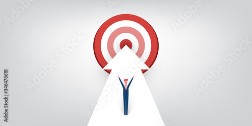 New Possibilities, Hope, Dreams - Business Achievements, Solution Finding Concept - Man Standing on a Big Up Arrow Pointing to the Target