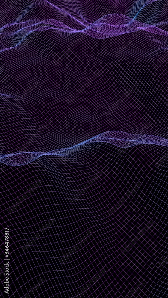 Abstract landscape on a dark background. Cyberspace purple grid. hi tech network. 3D illustration Abstract landscape on a dark background. Cyberspace purple grid. hi tech network. 3D illustration