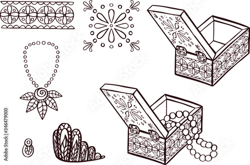 Bright set of women's ethnic jewelry: beads and earrings. Hand-drawn. Vector