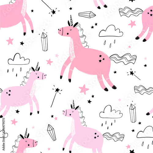 Vector hand-drawn colored childish seamless repeating simple flat pattern with unicorns in Scandinavian style on a white background. Cute baby animals. Pattern for kids with unicorns. Magic.
