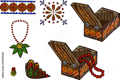 Bright set of women's ethnic jewelry: beads and earrings. Hand-drawn. Vector