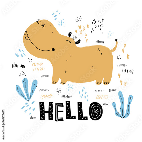 Vector hand-drawn black and white children's illustration, poster, print with a cute hippo, doodles and lettering Hello in Scandinavian style on a white background. Cute baby animals. For kids.
