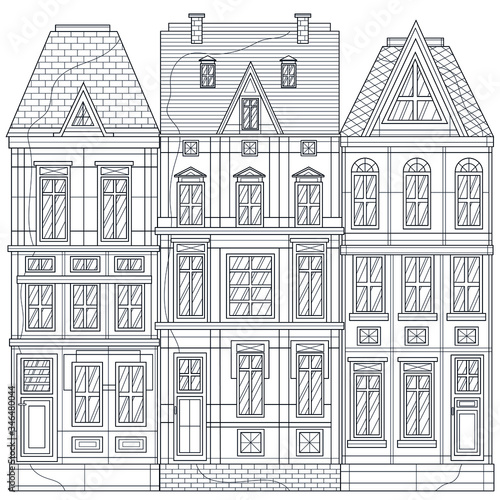 European buildings. House.Coloring book antistress for children and adults. Illustration isolated on white background. Black and white drawing.Outline style.