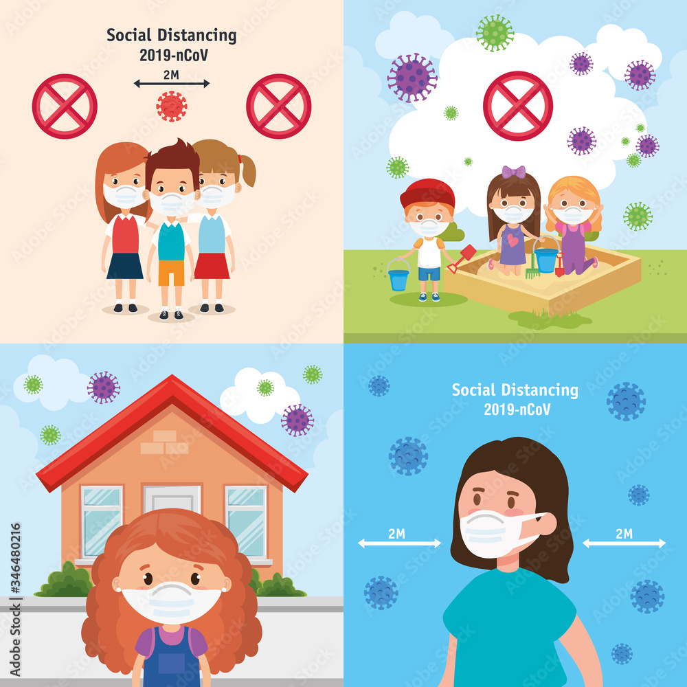 set scenes of children using face mask vector illustration design