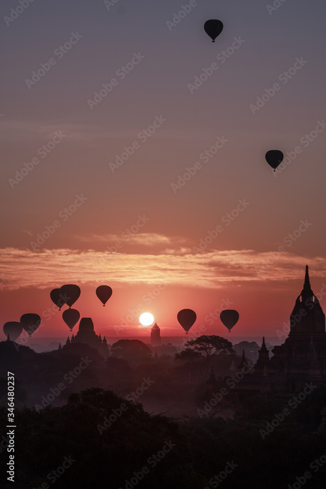 Bagan Stupas Pagodas Ancient City Burma Myanmar Sunrise Hot Air Balloons